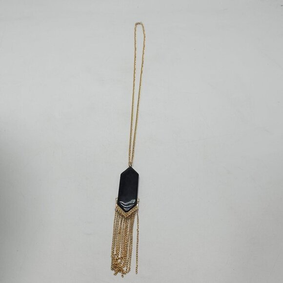 1980s Gold Chain Necklace With Black Pendant Fringe Tassel Design - Picture 3 of 5